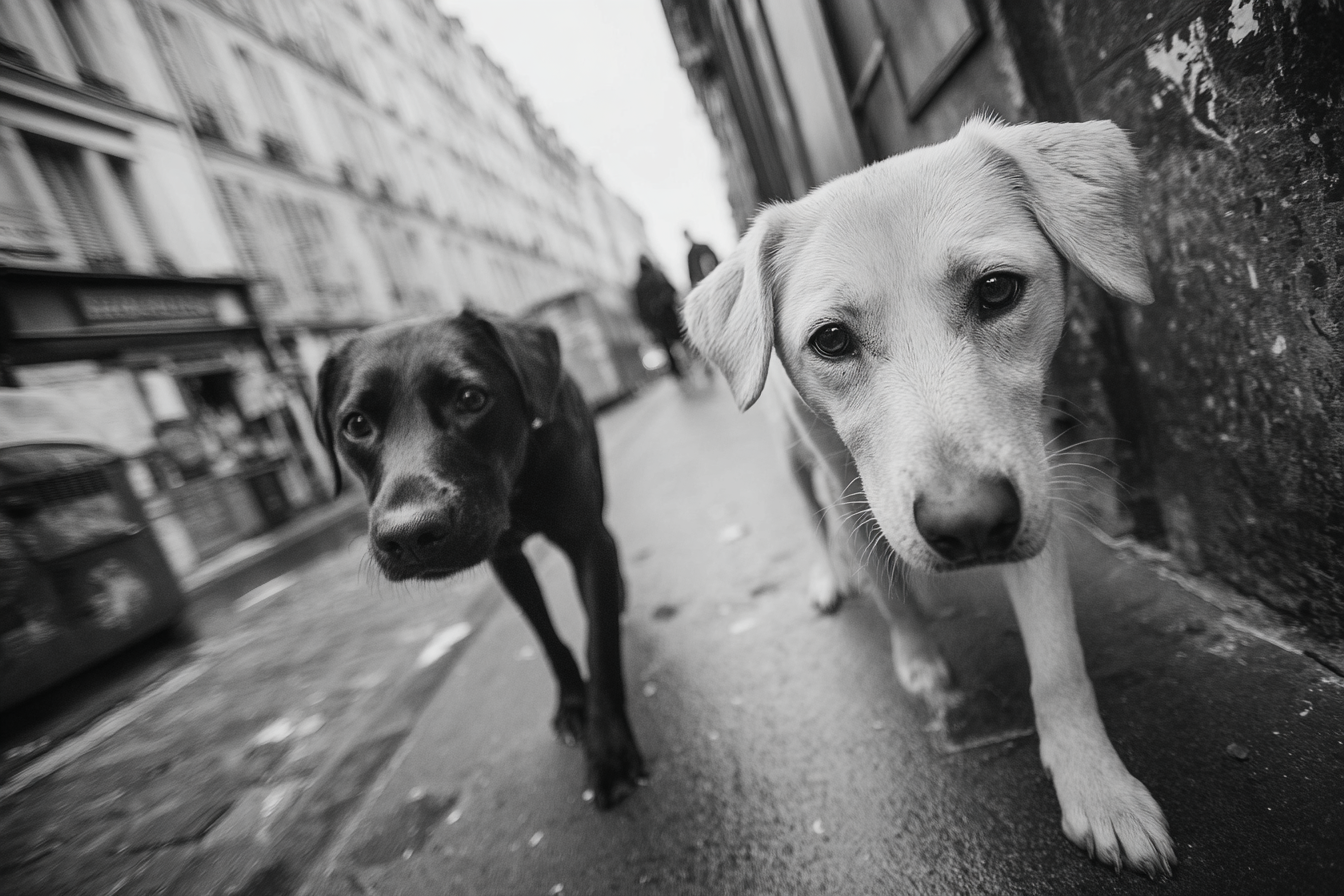 Chien marchant calmement en laisse détendue en ville